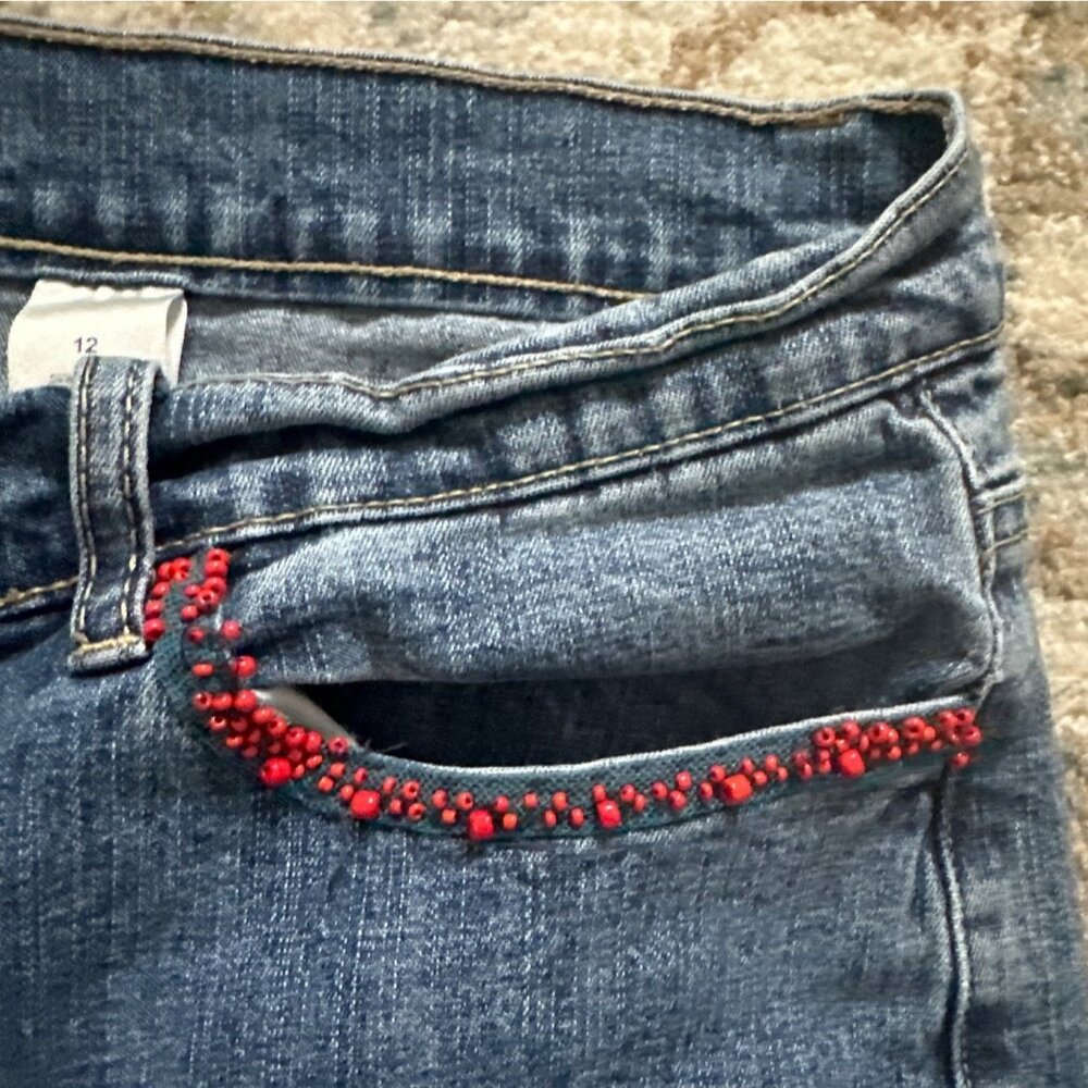 Vintage Crazy Horse Beaded Denim Jeans Womens 12 Boho Festival Artsy Unique Y2K